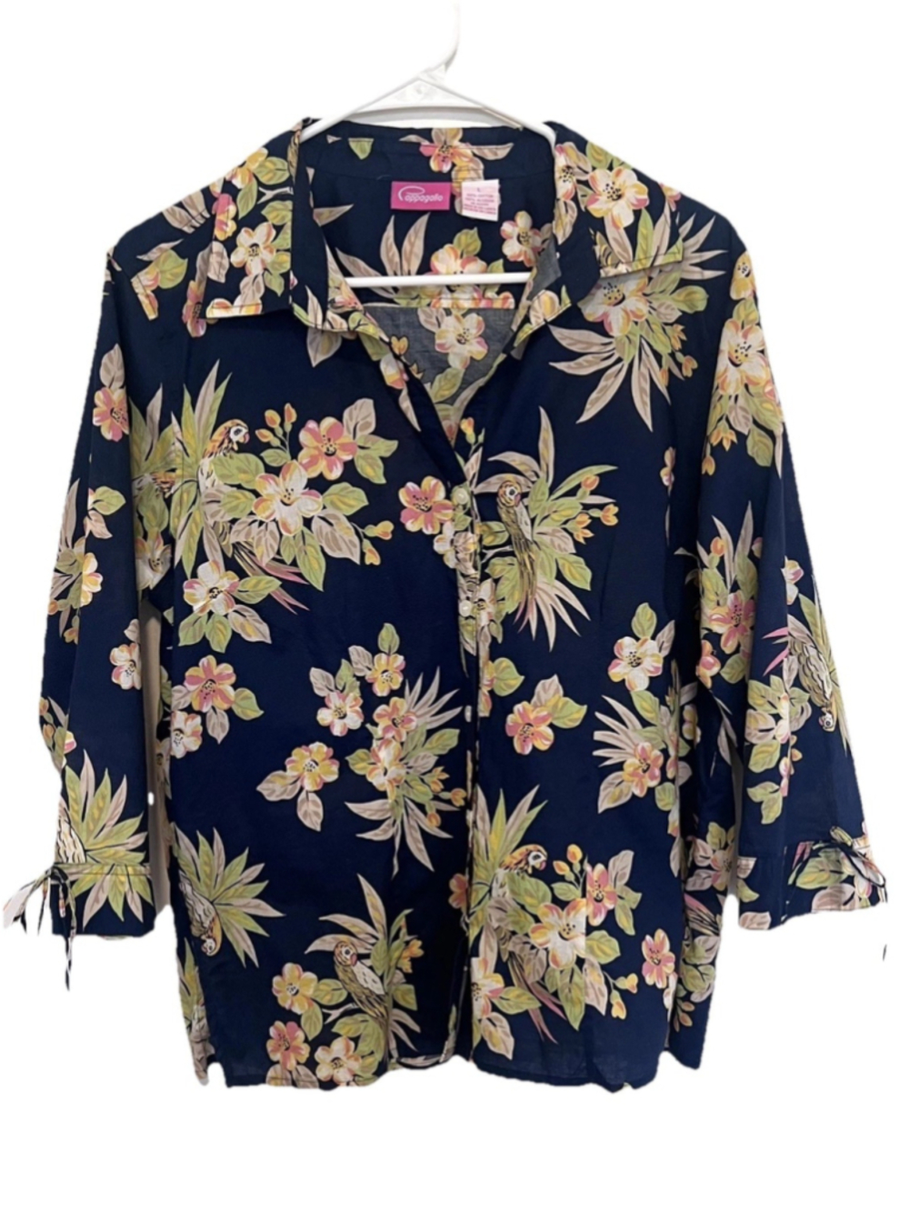 Pappagallo Parrot Button Up Tie Sleeve Shirt Women’s Large Navy Floral Tropical